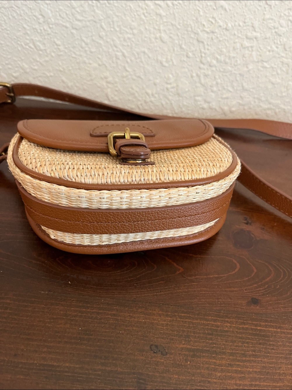 Woven Straw Saddle Crossbody Bag with Brown Leather Trim - Picture 4 of 10